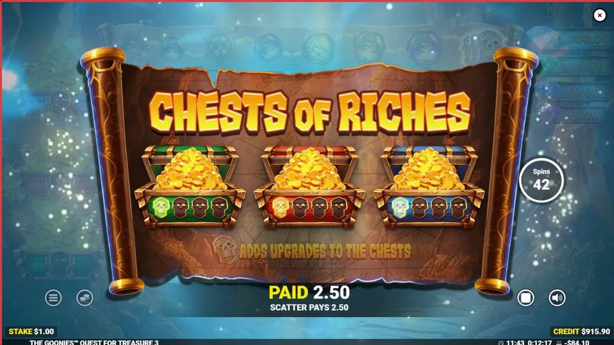 Ang Goonies Quest for Treasure 3 slot na nagpapakita ng mga karakter ng pelikula sa isang treasure map background.
